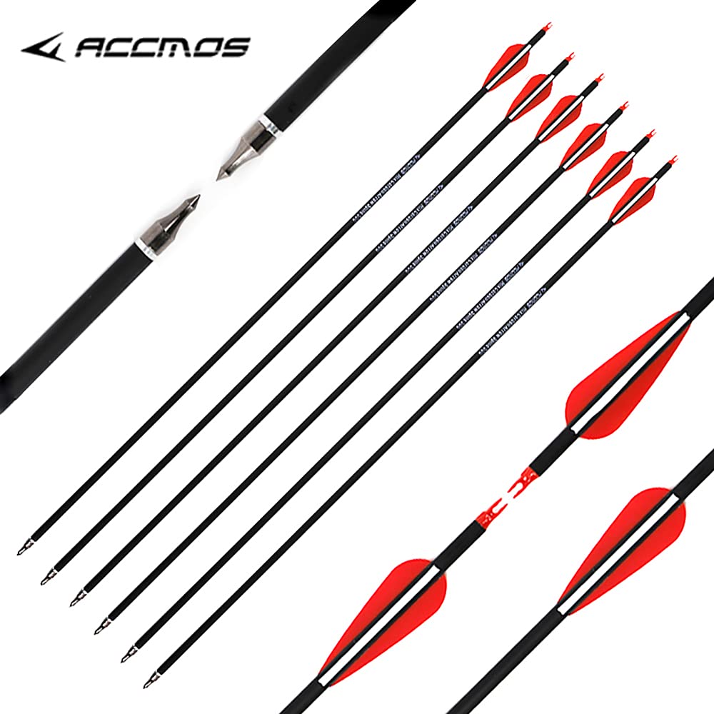 ACCMOS Tiro con L'Arco 30 Pollici Freccia in Carbonio Spine 500 Punta di Freccia Sostituibile, per Arco Ricurvo Arco Composto Arco Lungo Caccia Pratica di Tiro 6/12/24/48 pz (30inch, 24pcs)