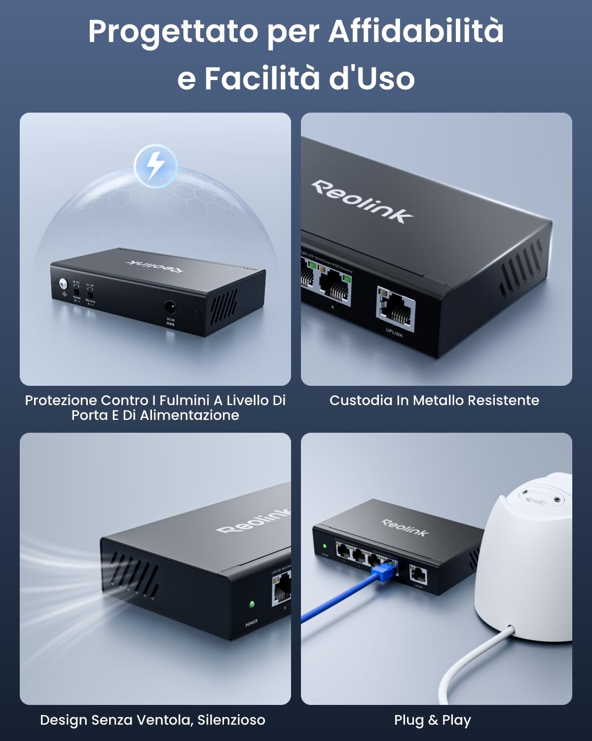 Reolink Switch PoE a 4 Porte PoE e 1 Porta Gigabit, Fino a 30W per Porta, Adattatore da 65W Incluso, Riavvio Automatico, Modalità Estensione, Distribuzione Potenza, Standard IEEE 802.3af/at, RLA-PS1E