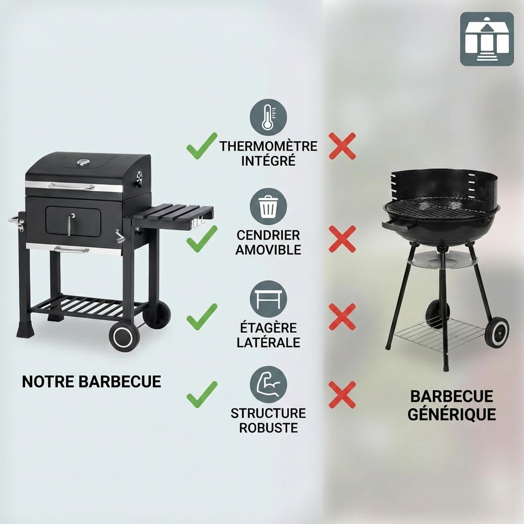 Tarrington House Barbecue au Charbon de Bois Memphis, Acier, Couvercle avec Thermomètre, Tablette latérale Pliable, Bac à Cendres, Étagère inférieure, 2 Roulettes, Gris