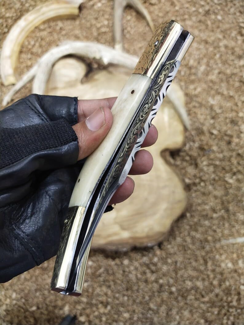 11" Handmade Pocket Knife with Brass Engraved Bolster, Folding Knife, Best gift knife, Gifts for Husband, Personalized gifts for him