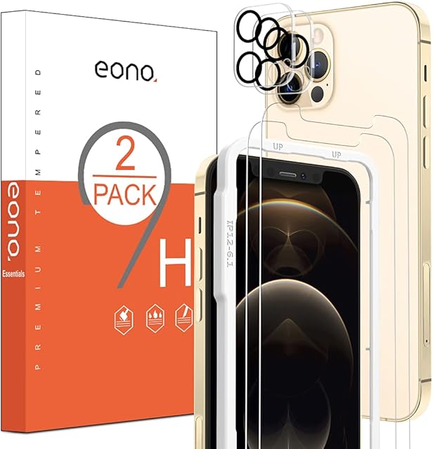 Amazon Brand-Eono 2 Pack full screen iPhone 12 Pro Screen Protector and 2 Pack Camera Lens Protector, iPhone 12 Pro Tempered Glass Screen Proetctor, Anti-Scratch, Case Friendly, HD Clear, 6.1 Inches