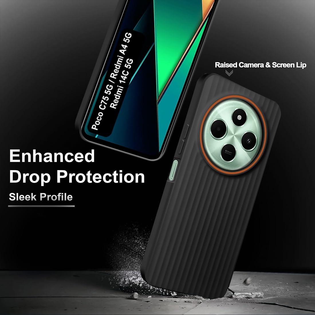 Fashionury Ring Line Beam Design Back Case for Redmi A4 5G / Poco C75 5G / Redmi 14C 5G / Poco M7 5G | Vertical Beam Bump Protection | Ring Line Camera Protection | Rubberised Back Case Cover (Black) Fashionury Ring Line Beam Design Back Case for Redmi A4 5G / Poco C75 5G / Redmi 14C 5G / Poco M7 5G | Vertical Beam Bump Protection | Ring Line Camera Protection | Rubberised Back Case Cover (Black)