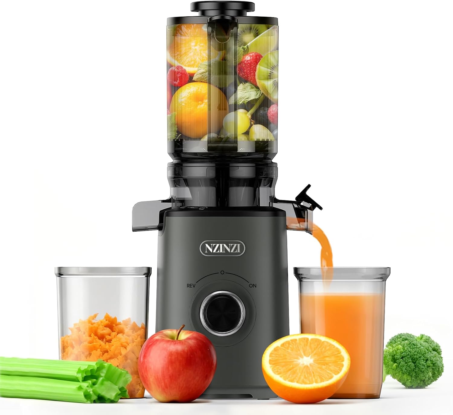 BPA Free Cold Press Juicer, Slow Juicer Machine Easy to Clean, Self-Feeding Masticating Juicer with Large Feed Chute for Whole Fruits and Vegetables, High Juice Yield, Gray