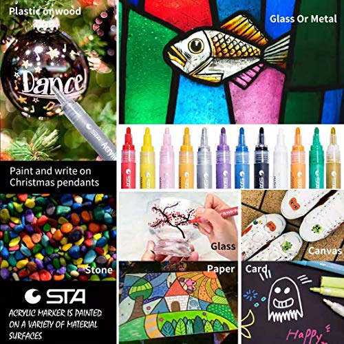 STA Acrylic Paint Pens Marker Pens for Rock Painting, Glass, Porcelain, Mug, Wood, Fabric, Canvas, DIY Craft Projects with Extra-fine Medium-Tip (12 Colors) - Thumbnail 6