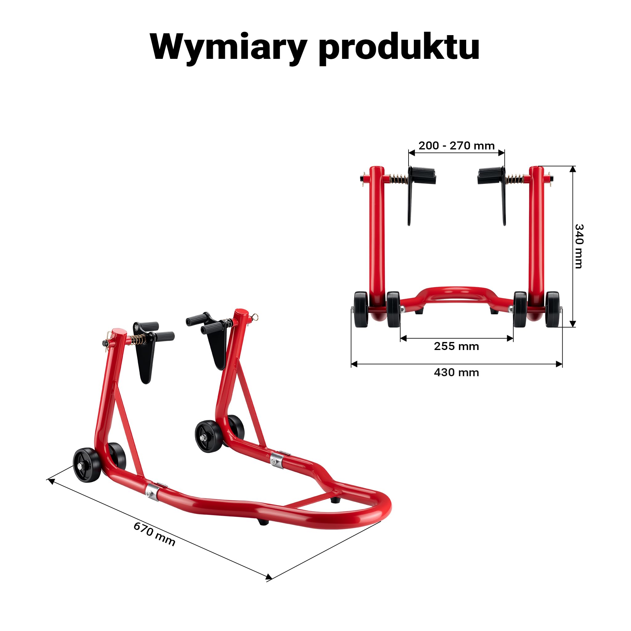 Wiltec Stojak na motocykl o wymiarach 670 x 445 mm do przedniego koła o szerokości 230-290 mm, stojak do serwisu koła motocyklu