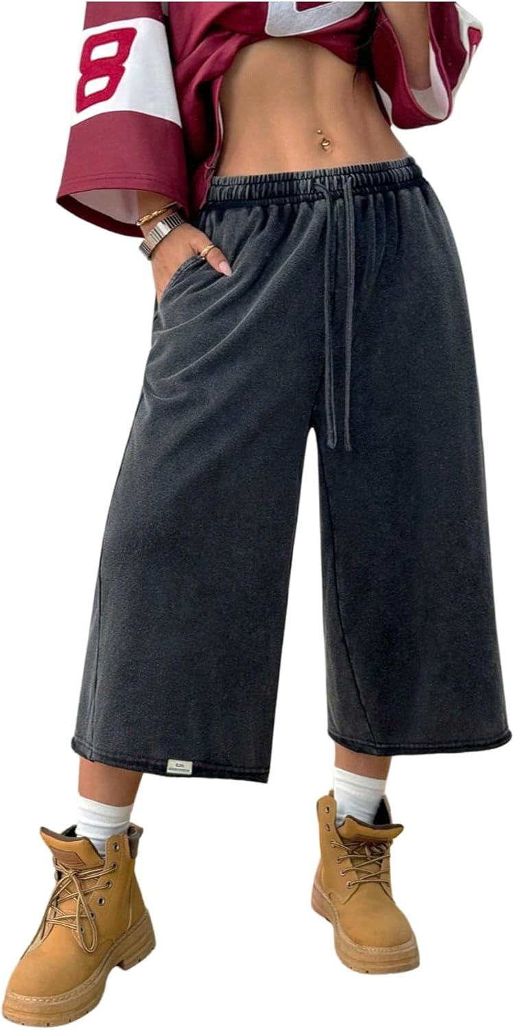 Women's Drawstring Waist Workout Sweat Shorts Wide Leg Baggy Washed Cropped Pants with Pockets