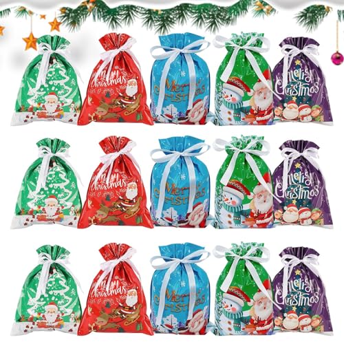 おやつバッグ - クリスマスに繰り返し使えるポーチ 巾着付き 15点セット 使いやすい機能 丈夫な生地機能 パーティーツール キャンディ/クッキー/おもちゃのギフトアクセサリー