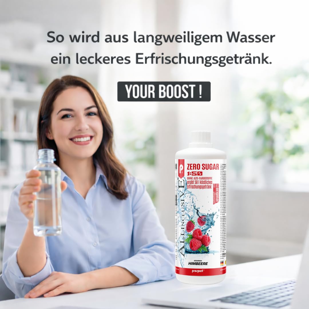 Prosport Allinclusive® Himbeere 1000ml + Dosierpumpe – ZERO SUGAR Sirup mit Vitaminen – Premium Getränkekonzentrat 1:50 – Ohne Zucker, Aspartam & Azofarbstoffe – Perfekt für Wassersprudler