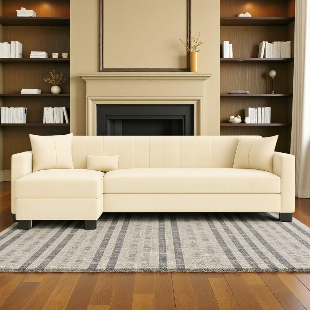 Almeria 5 Seater LHS L Shape Sofa Set | Soft Velvet Suede Fabric | Modern Design | Plush Comfort Cushions for Living Room (Cream) Almeria 5 Seater LHS L Shape Sofa Set | Soft Velvet Suede Fabric | Modern Design | Plush Comfort Cushions for Living Room (Cream)