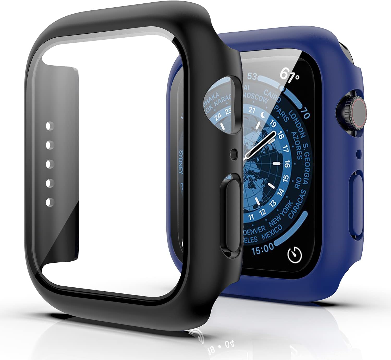 WATACHE 2 Pack Tempered Glass Screen Protector Case Compatible with Apple Watch Series 8/7 41mm，Hard PC Full Coverage Bumper Protector Cover for iWatch 41mm Accessories,Black+Blue