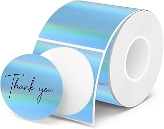 2 Inch Round Holographic Thermal Labels Blue, Waterproof & Self-Adhesive Stickers with Blue Glitter Design for Custom Logo, Name Tag, Barcode, QR Code, Address (200 Labels/Roll)