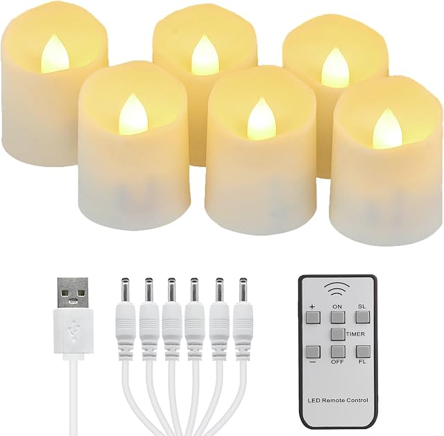 FREEPOWER 6pcs Rechargeable LED Tea Lights with Remote Control and Timer Warm White Flickering Dimmable Electric Flameless Candles with USB Charging Cable, Home Party Halloween Christmas Decor