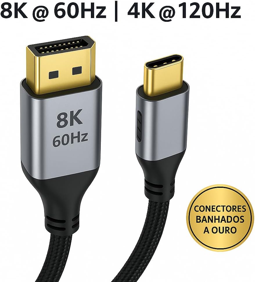 Cabo USB-C para DisplayPort 8K 60Hz, 4K 120Hz, Bidirecional, Conector Banhado a Ouro – Compatível com Monitores, Laptops, PCs e Consoles – Plug & Play, Blindagem Antirruído Cabo USB-C para DisplayPort 8K 60Hz, 4K 120Hz, Bidirecional, Conector Banhado a Ouro – Compatível com Monitores, Laptops, PCs e Consoles – Plug & Play, Blindagem Antirruído