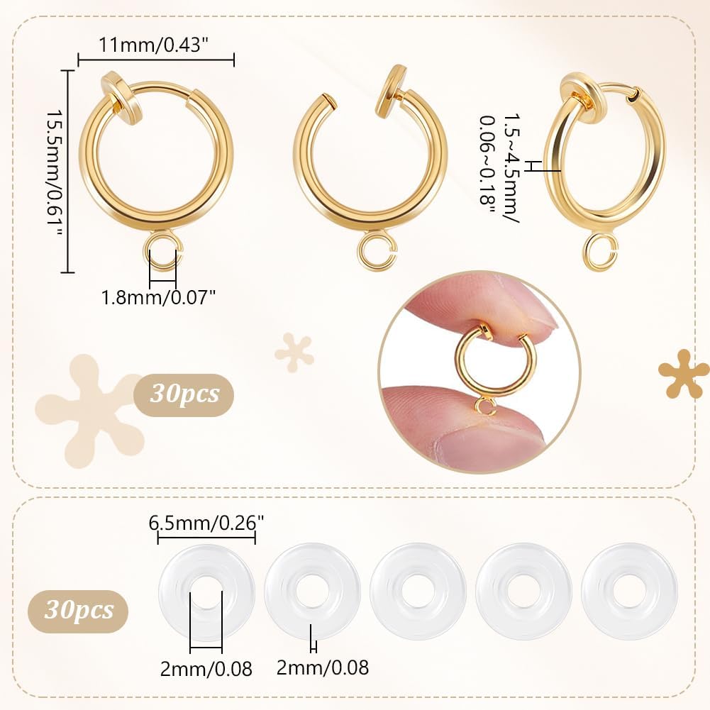 AHANDMAKER 30Pcs Clip-on Earring Converter, Earring Clip On Backs Parts Components Findings Clip on Earring Adapters with Loops Clip on Earrings for Jewelry Making Non-Pierced Ears, Real 18K Gold
