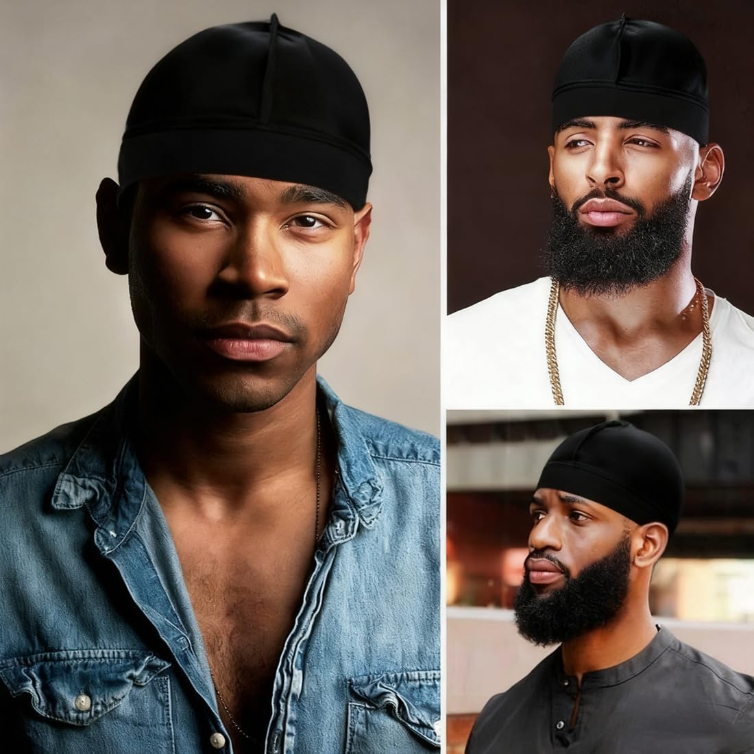 3 pièces Wave Caps en satin soyeux avec bande élastique, Durag et bonnet pour dormir et douche, satin homme, schlafmütze herren, duschhaube herren, seide, kopftuch herren (Tour de tête: 52 cm)