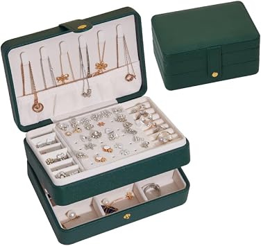 Girls Jewellery Box, 2 Layer PU Leather Jewelry Box, Jewellery Organiser, Earring Storage Organiser, Suitable for Rings Earrings Necklaces Bracelets Accessories, Jewellery Box for Women GirlsGreen
