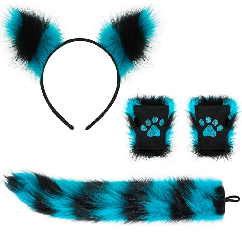 Cat Fox Ears Tail Paws Gloves Set Adult Women Cute Faux Fur Fox Headband Tail Claw Gloves Suit Cat Cosplay Fancy Dress Up Halloween Party Role Play Costume Accessories
