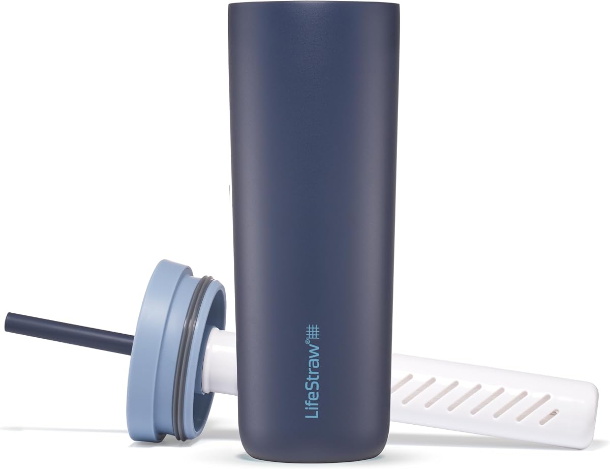 Serie LifeStraw Go: vaso con filtro de agua de acero inoxidable aislado, 18 oz, mar de Egan, elimina bacterias, parásitos y microplásticos, mejora el sabor