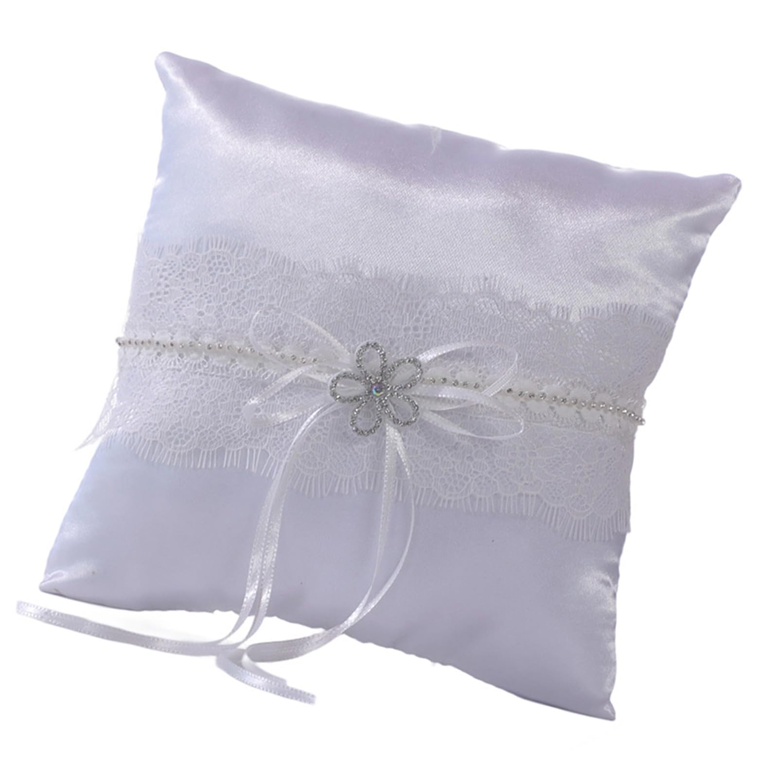 HDOYTXXM White Wedding Bearer Pillow with Rhinestones & Lace Bows for Ceremonies, Beach Parties Decorative Cushion Wedding Ceremony Decor