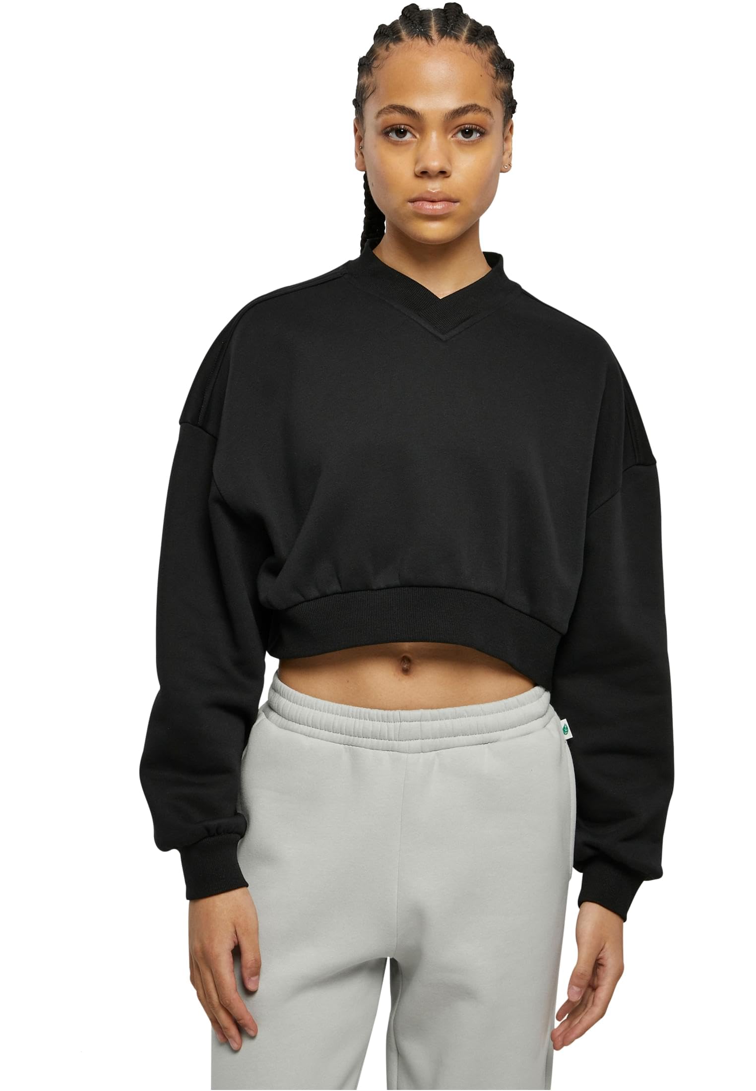 Urban Classics Women's Ladies Cropped V-Neck Sweatshirt, Black,