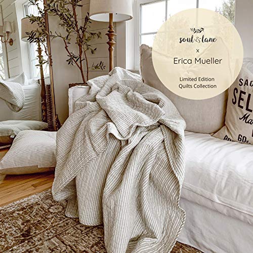 Soul & Lane Cotton Queen Ticking Stripe Quilt: Gray Striped Quilt, Farmhouse Bedding Coverlet, Greige Comforter and Blanket, Country Pinstripe Coverlet (Shams Sold Separately) by Soul & Lane - Image 2