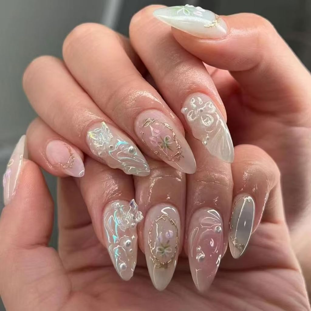 24 Pcs Butterfly Stick on Nails 3D Flower Artificial Nails Mediums Almond False Nails Bows for Woman