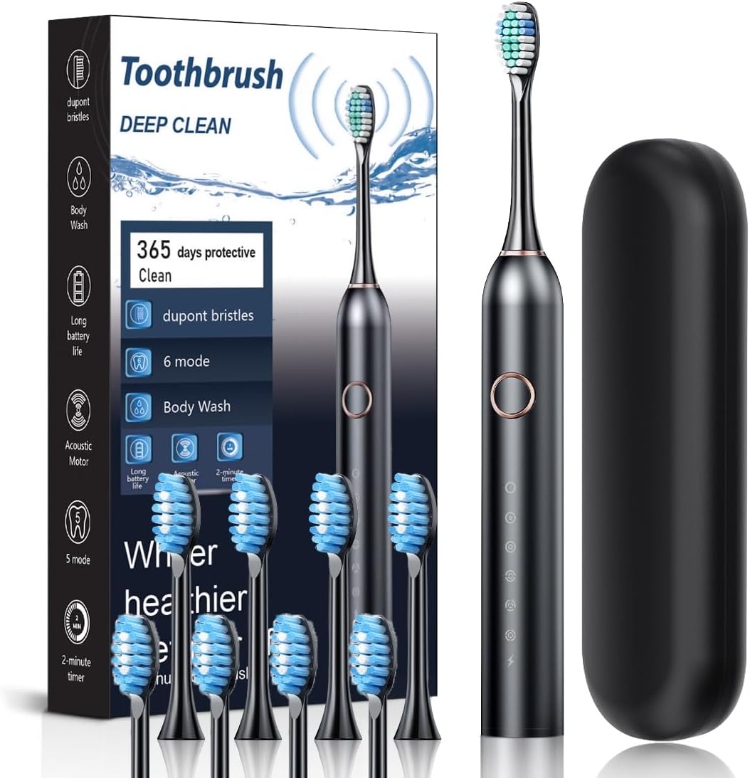 YOOJ® Electric Toothbrush, Sonic Type for Adults & Teens, 8 Brush Heads, Travel Case, 6 Modes, 40000 VPM Electric Motor, IPX7 Waterproof, 2 Minutes Timer, Wireless Charging