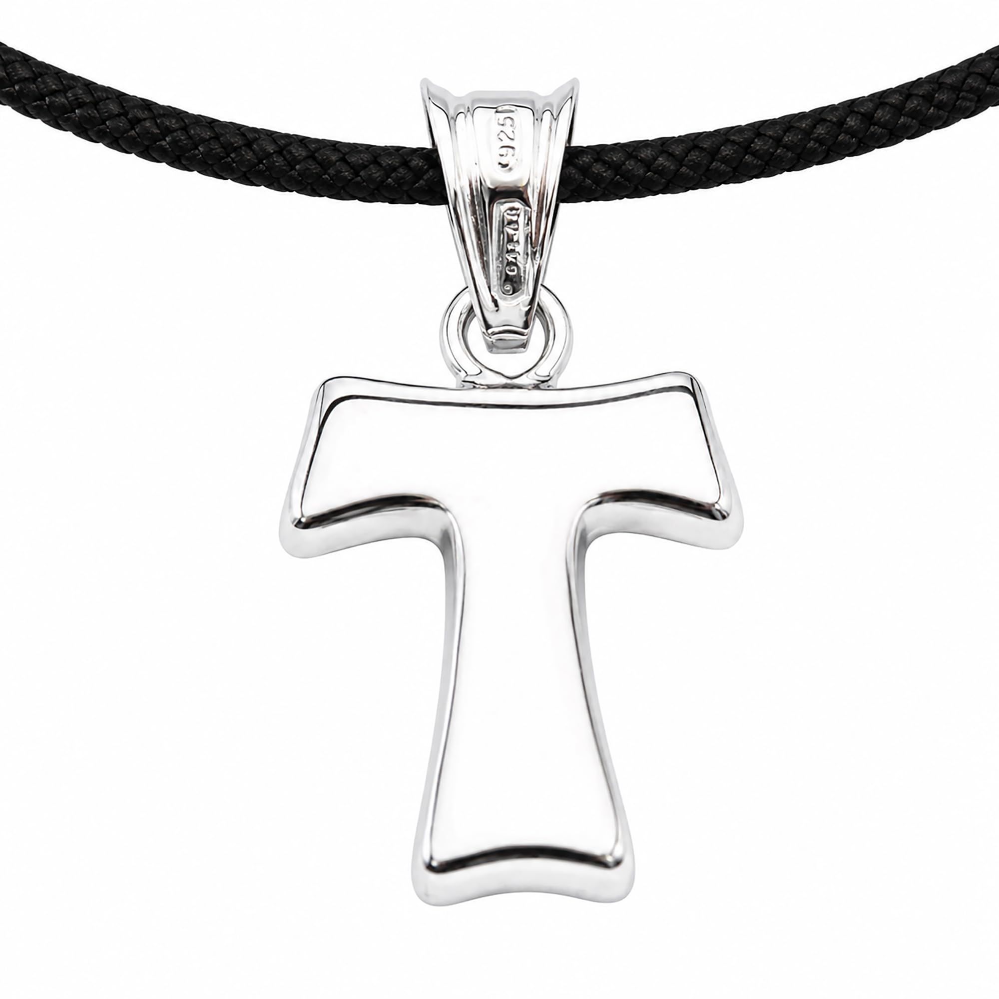 Gioielli Aurum Collana Croce Tau Tao in Argento 925 con Cordino Nero, Ciondolo Religioso Unisex Uomo Donna