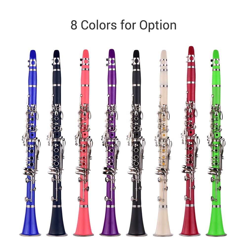 Clarinete ABS de 17 Teclas en si Bemol con Estuche de Transporte Guantes Paño de Limpieza Mini Destornillador Estuche para cañas 10 Piezas Cañas Instrumento de Viento de Madera