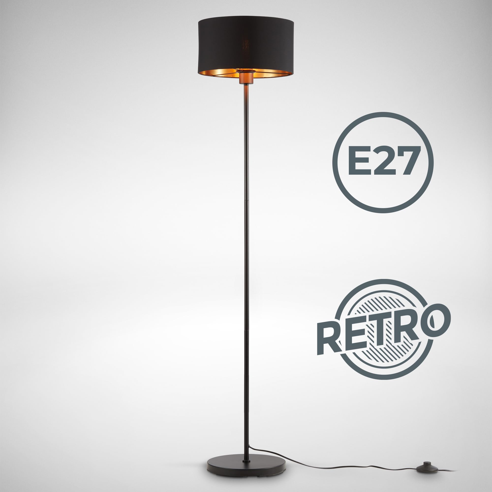 B.K.Licht - Lampada da terra vintage con interruttore a pedale, paralume in tessuto, attacco E27, max. 40 watt, piantana lampada da terra, lampada da terra salotto, 30 x 141,5 cm, nero-oro
