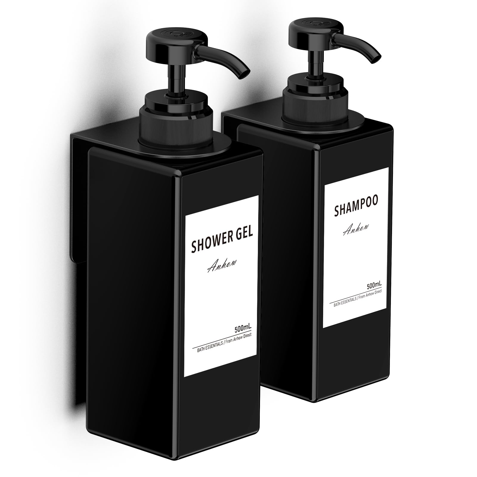 Dispensador Jabon Baño, 2 Piezas Dosificador Jabon Baño Pared 500ml Sin Taladrar Botes para Gel y Champu con 16 Etiquetas Impermeables para Cocina y Baño, Negro