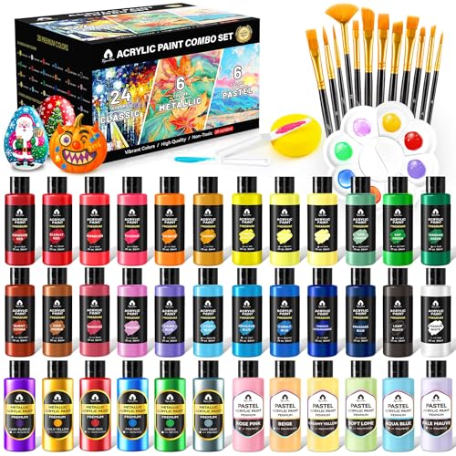 52 Pcs Classic & Metallic & Pastel Acrylic Paint Set with 12 Brushes, 2 Knives & Palette, 36 Colors (2oz/60ml) - for Adults, Kids, Artists & Beginners - Arts and Crafts Painting Kit