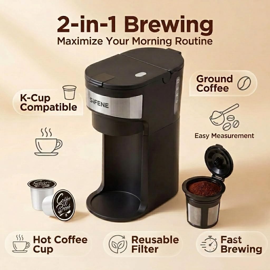 SIFENE Single Serve Coffee Maker, K-Cup & Ground, Mini, BPA Free, Black image 2