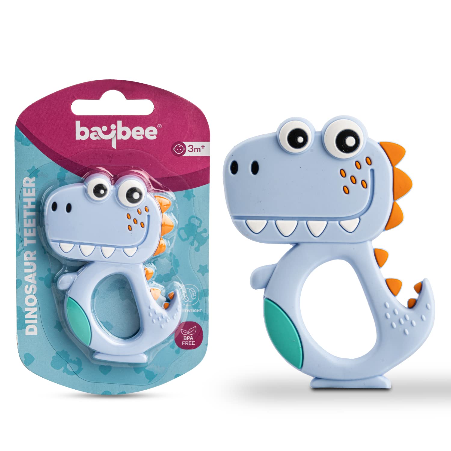 Baybee Silicone Baby Teether for Teething Gums, Manhattan Teething Rattle Toy with Loops Ring, 100% Food Grade Silicone & BPA Free Teether Toy for Babies, Chew Teether for 6 to 12 Months (Dinosaur Violet)