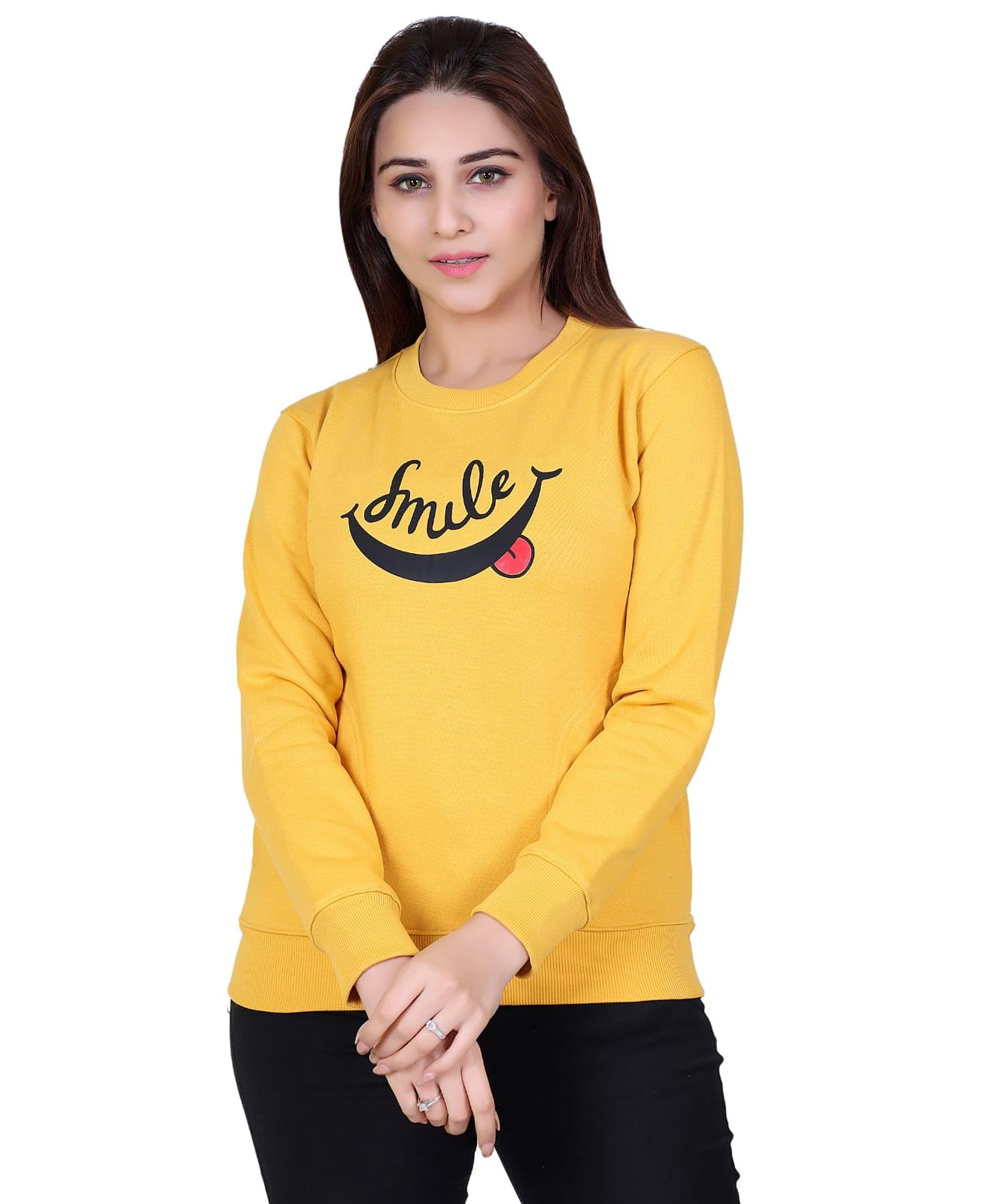 hold Women's Smile Print Sweatshirt, Yellow, Long Sleeve Casual Pullover with Graphic Design-picture-7