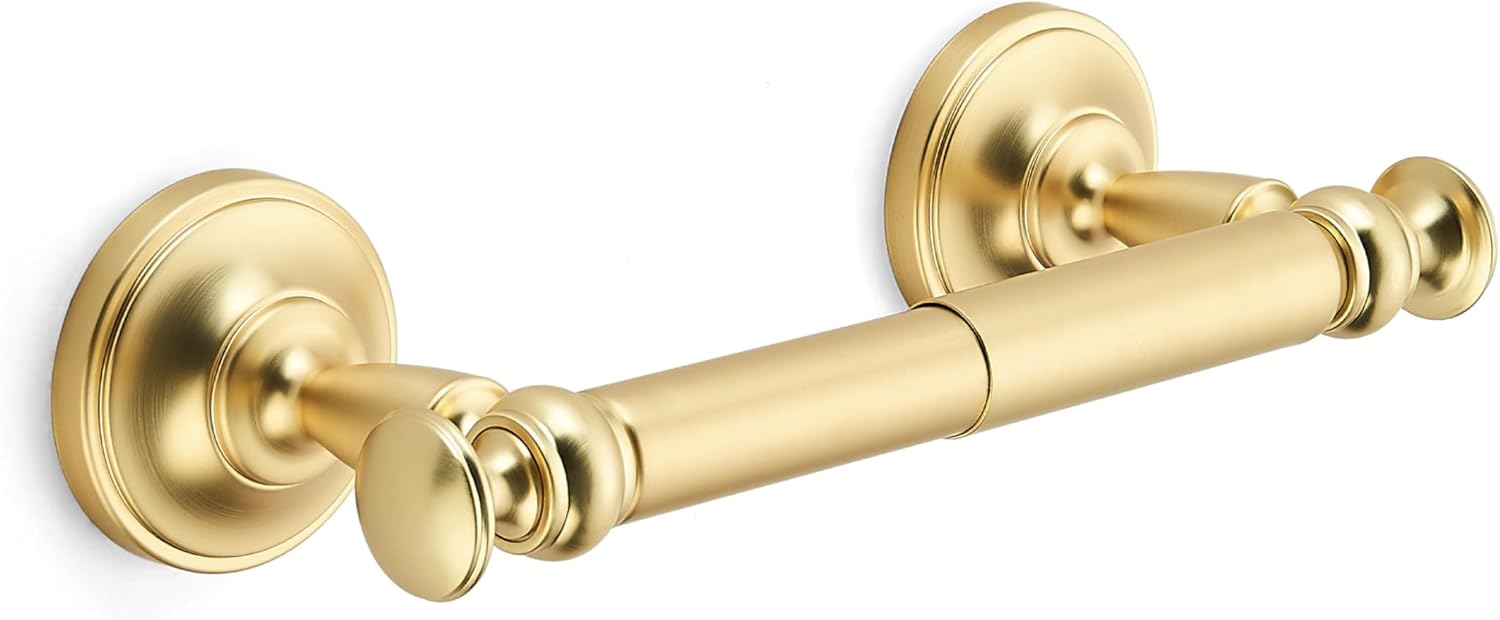 khtumeware Double Post Toilet Paper Holder Brushed Gold Tissue Roll Holder for Bathroom Organization and Storage Single Double Toilet Tissue Holder Wall Bathroom Accessories (1-Pack)