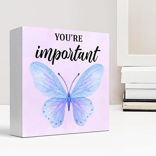 Miniatura 6 de Letrero de madera con texto en inglés "You're Smart Girl Positive Affirmations", decoración de escritorio con diseño de mariposas azules y amarillas