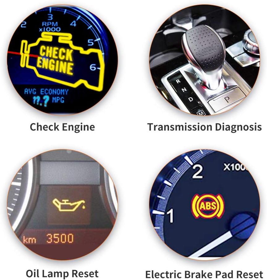 Icons representing Check Engine, Transmission Diagnosis, Oil Lamp Reset, and Electric Brake Pad Reset