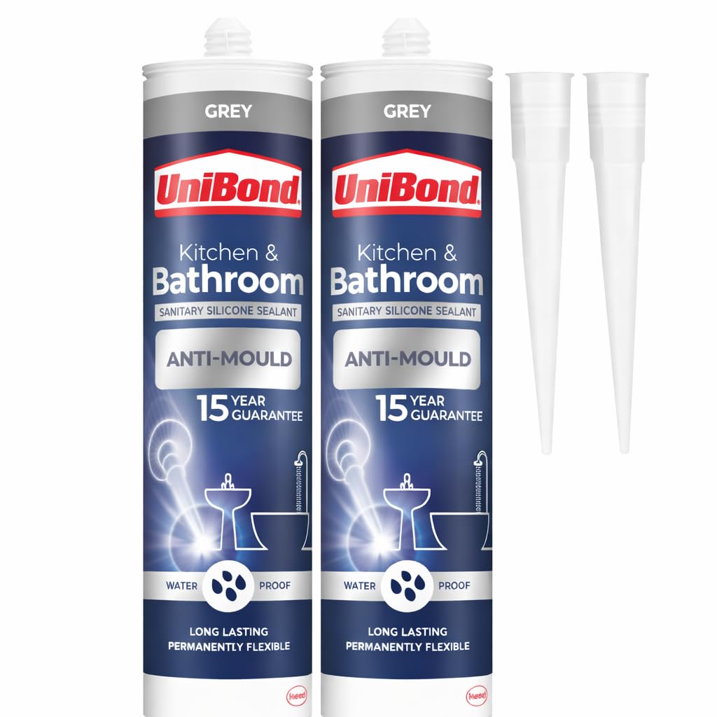 Anti Mould Grey Silicone Sealant 2 x 274g | Waterproof Mould Protection | Long Lasting Sealant for Kitchen & Bathroom | Bath & Shower Use