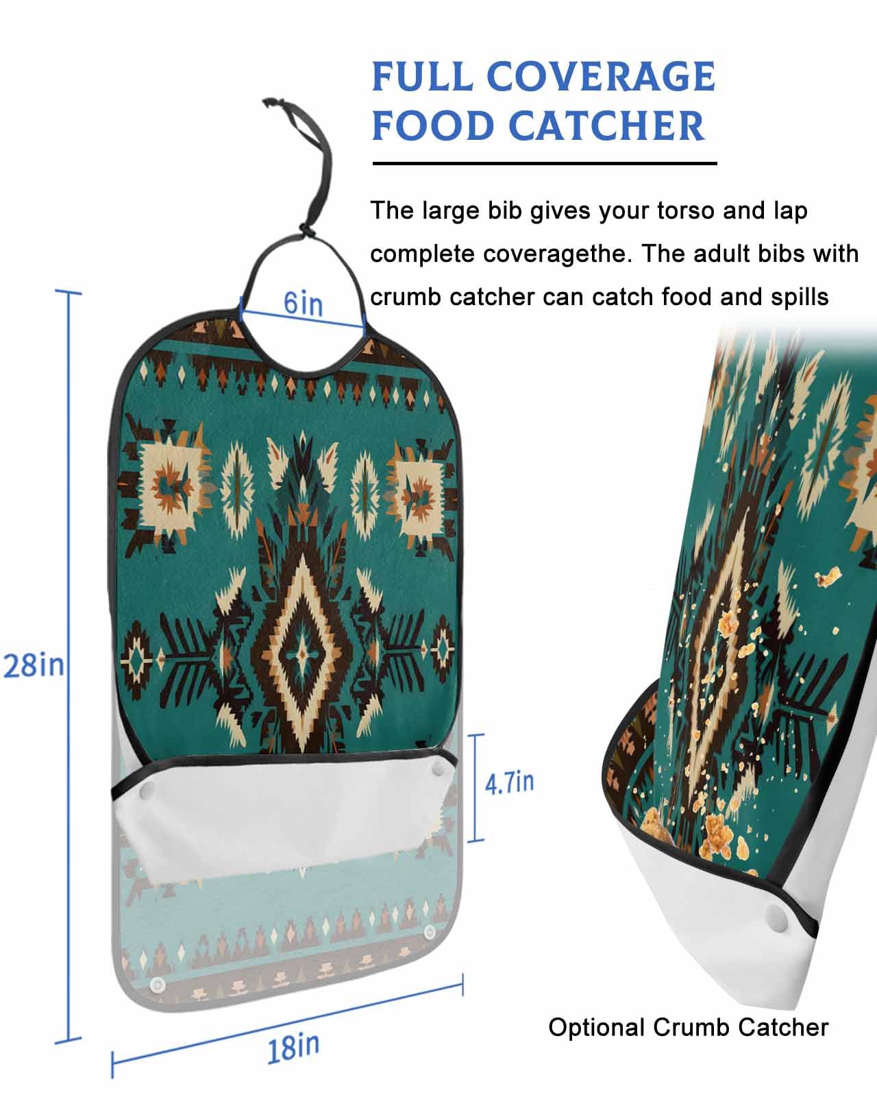 Onekaccu Teal Green Aztecs Adult Bibs for Elderly Women Men Washable Bibs for Eating, Southwest Geometric Brown Boho Ethnic Waterproof Clothing Protectors Adult Bibs with Crumb Catcher
