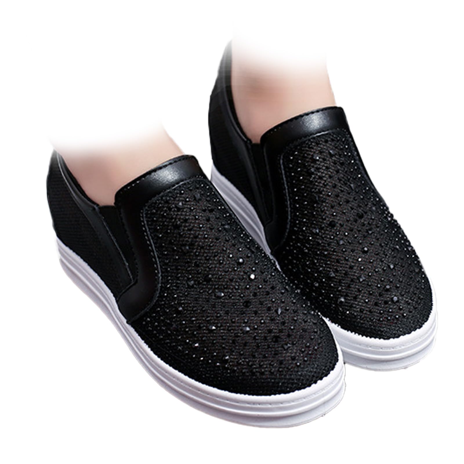 Scarpe da ginnastica da donna bianche con strass, design a rete, punta chiusa, zeppe, tacco nascosto, in tela, scarpe da sposa