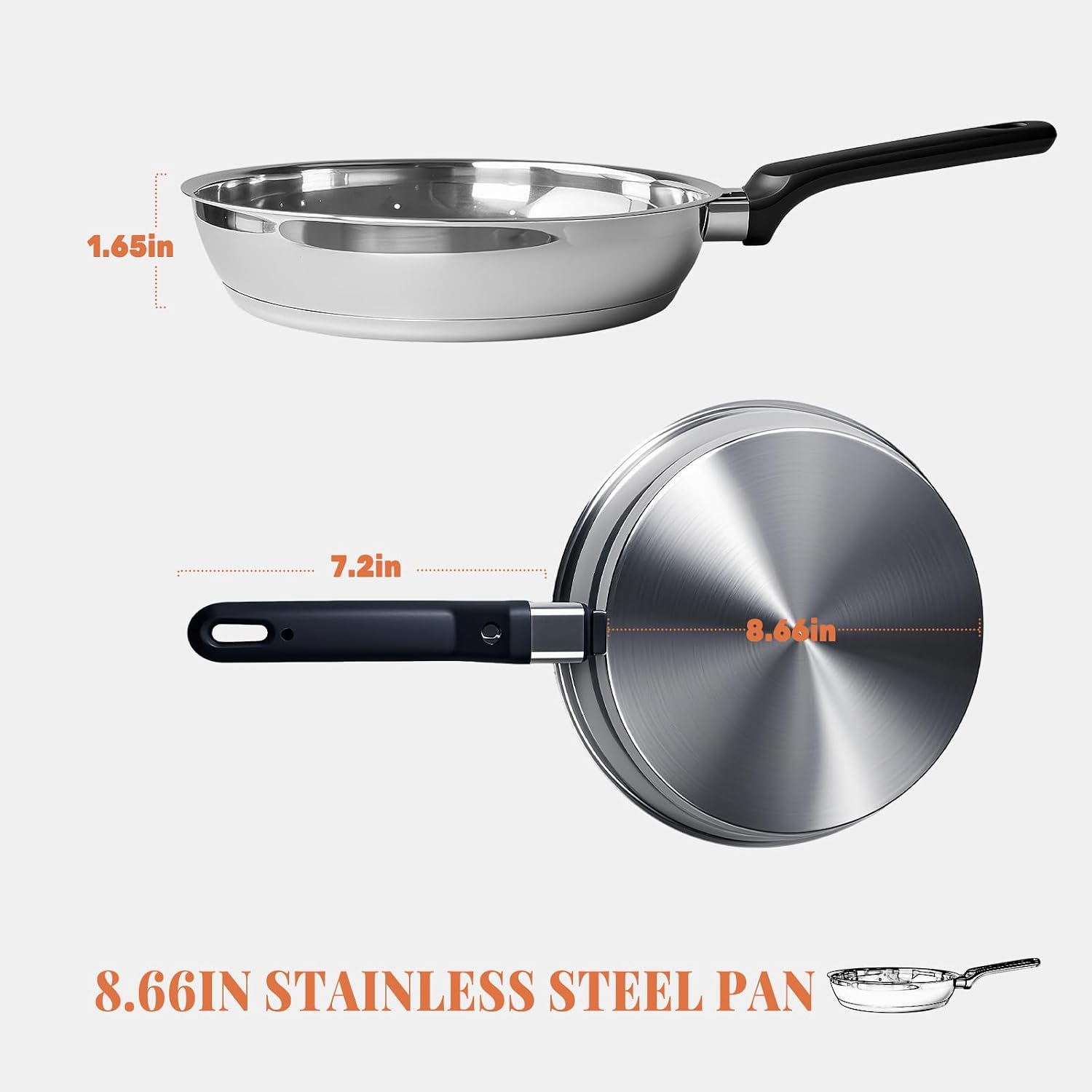Stainless Steel Pan 8.66 Inch - Frying Pans with Removable Handle Skillet, 430 Stainless Steel Cooking Pan