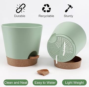 YNNICO Indoor Self Watering Planters with Drainage Holes and Saucers, 8, 7, 6.5, 6, 5.5, 5 Inches, Green, 6 Pots.