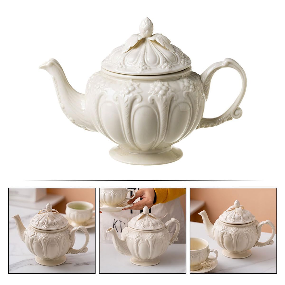 BESTOYARD Cafetera de Estilo Británico Vintage Relieve, Capacidad Grande y Asa Cómoda de Cerámica Beige para Uso en Cocina Retro