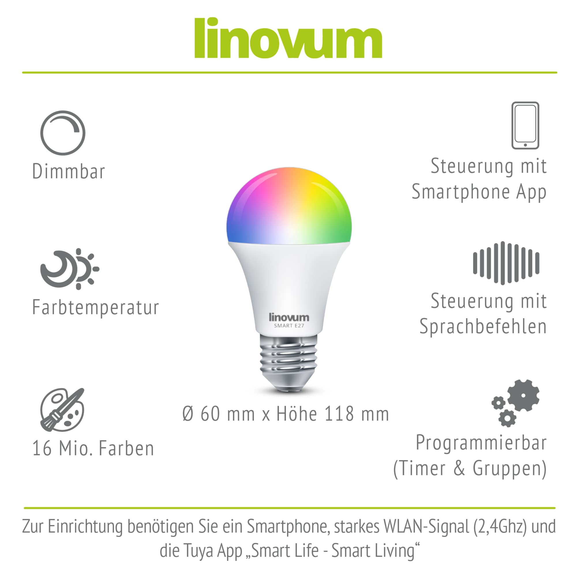 linovum BOSEA-A Pollerleuchte anthrazit 50cm Smart E27 WLAN RGBW IP44 | Standleuchte 50cm mit Smart-Licht - per App steuerbar, RGB-Farblicht, anthrazit für Garten & Wege, IP44, inkl. E27 LED