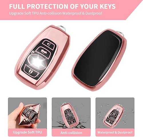 Miniatura 3 de QBUC Funda para llavero Subaru con llavero de cuero, apta para Forester Crosstrek Outback Ascent Impreza Legacy Subaru 4 botones (rosa)