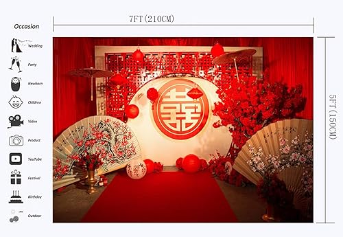 Miniatura 2 de Wofawofa Telón de fondo de boda chino para fotografía, 7 x 5 pies, estilo chino, decoración de boda, telón de fondo rojo para niñas, fiesta de boda,
