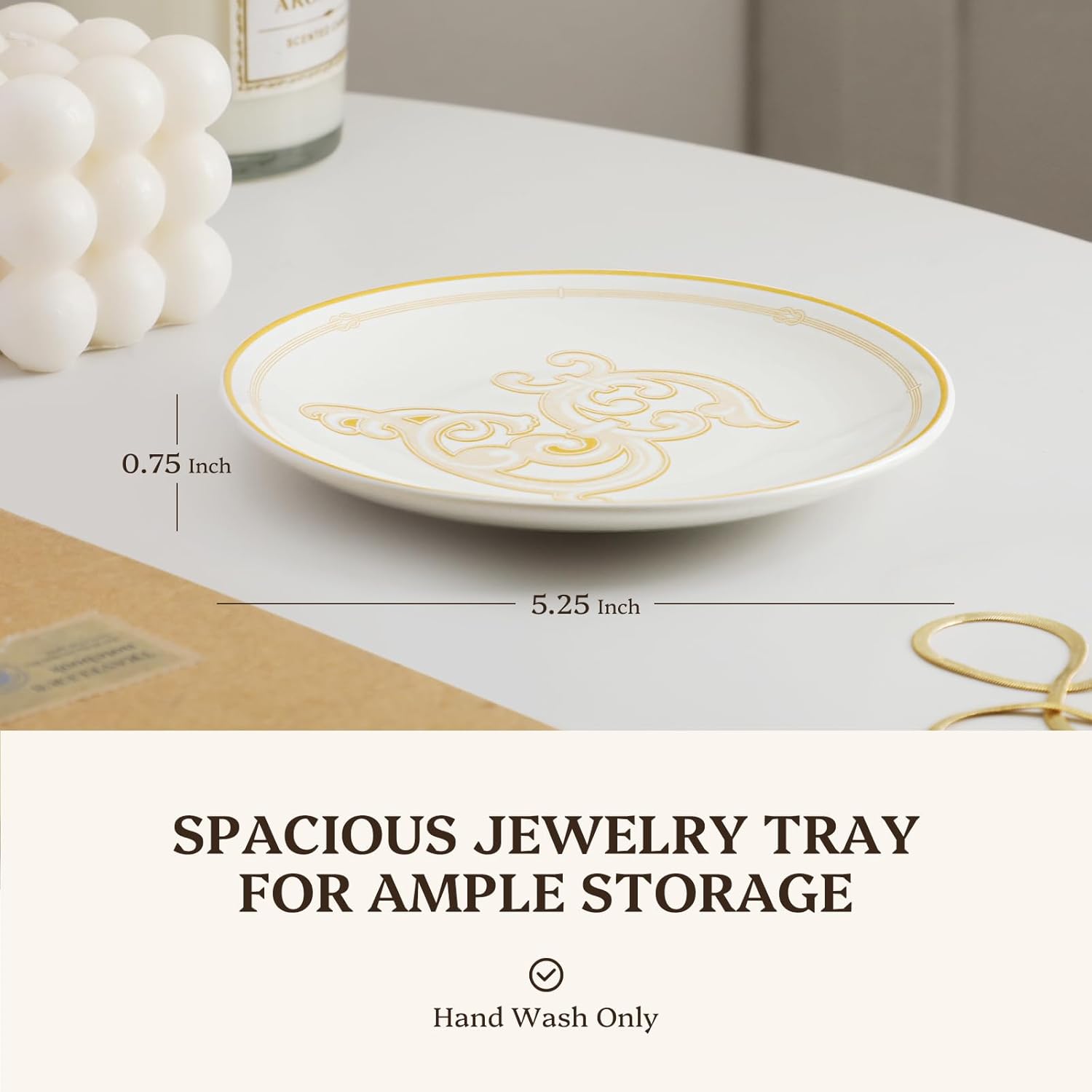 LIFVER 5.25" Ceramic Jewelry Tray, Gold Rim Trinket Dish Jewelry Catchall for Rings, Earrings, Bracelets, Mini Jewelry Bowl for Dresser, Nightstand, Home, Thanksgiving Day Gift for Women (S) - Image 2