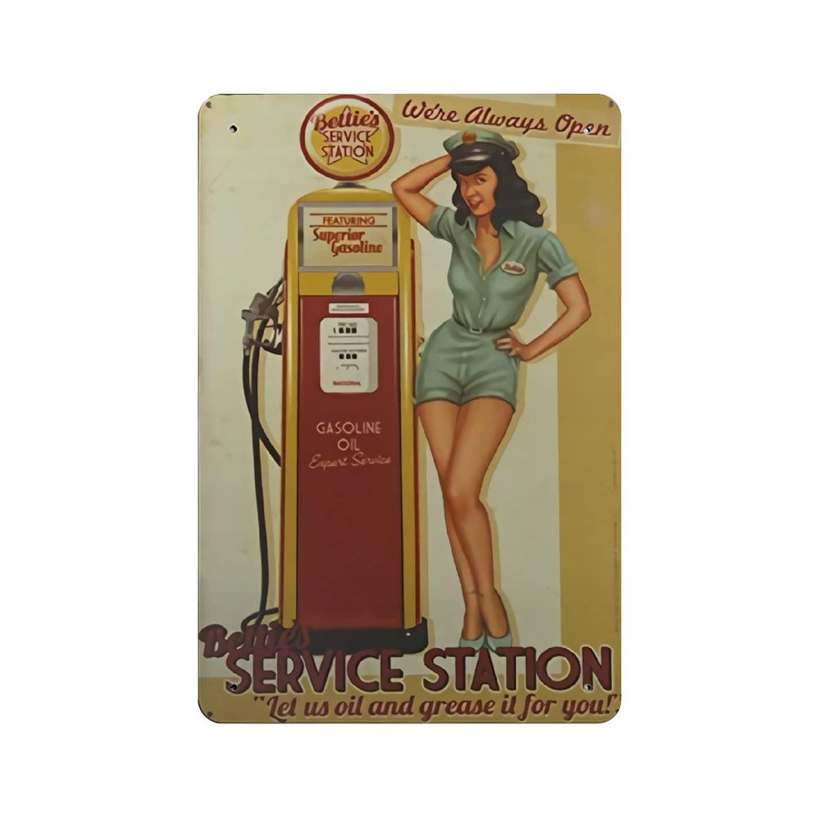 KEYGAMER Bettyโs Service Station Lets Us Refuel And Lubricate You. Metal Tin Sign, Vintage Plaque Poster Garage Bar Home Wall Decor 8 X 12 Inches
