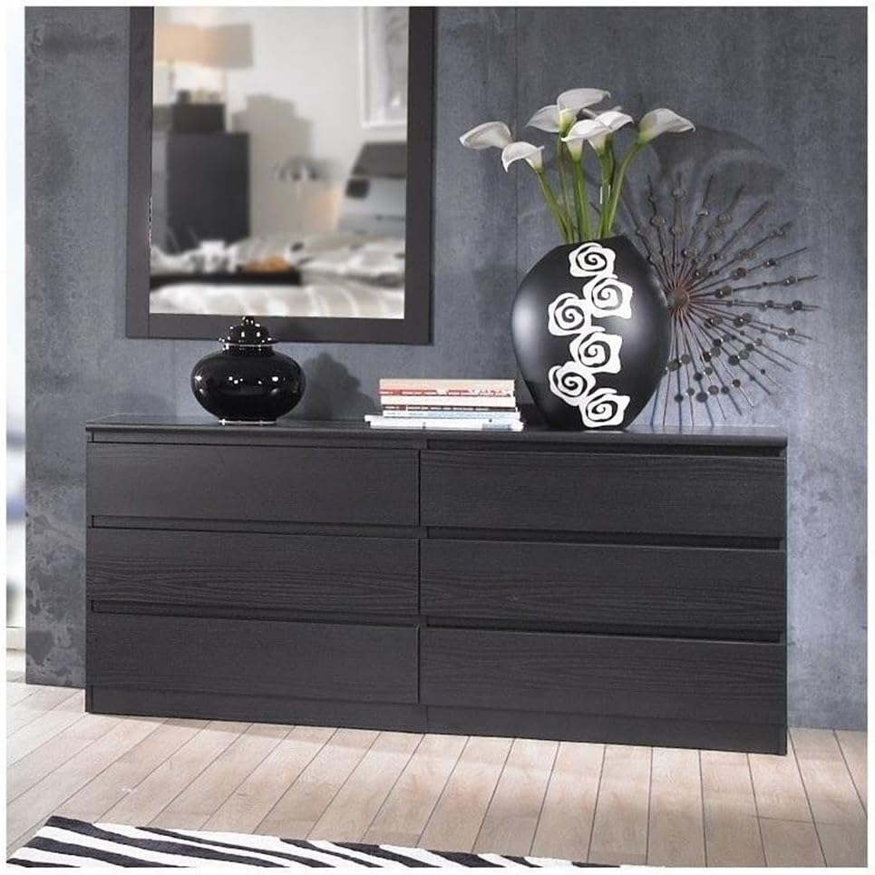 BOWERY HILL Contemporary 6 Drawer Double Dresser, Black Woodgrain Finish, 60.5" W x 26.77" H x 19.7" D, Engineered Wood, Handle-Free Drawers, Smooth Metal Glides, Modern Scandinavian Design for